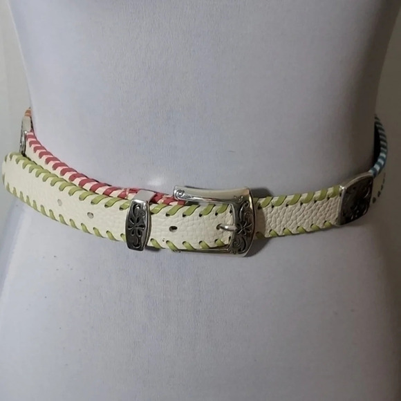 Brighton White Leather Belt Whipstitched‎ with various colors silver hard S/M - Picture 1 of 9
